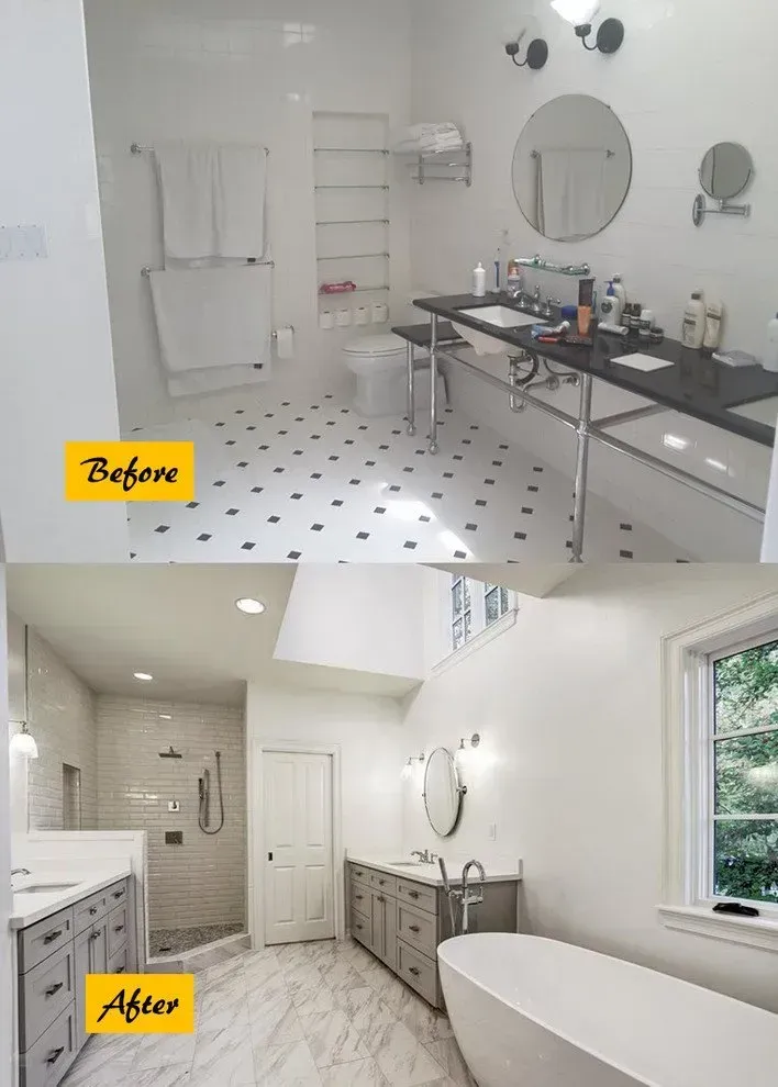 Side-by-side bathroom renovation: before and after. Top: black/white tile, double sink.
