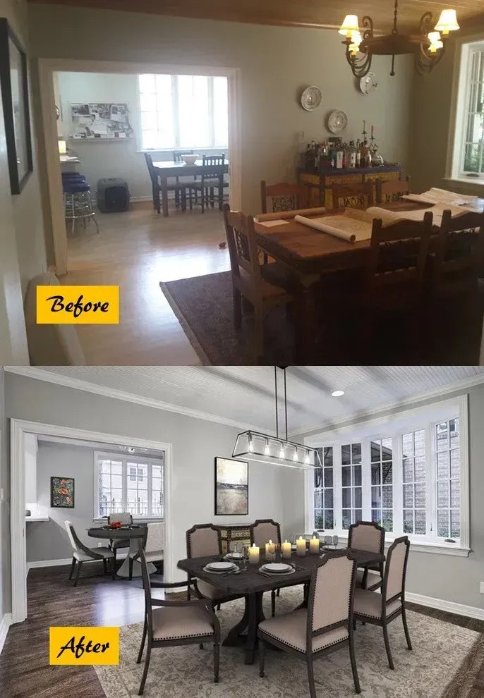 Before-and-after of a dining room remodel: old room is dark wood; new room is lighter with a modern table and chairs.