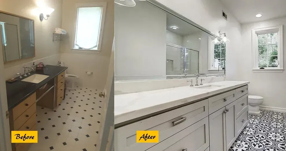 Bathroom before and after renovation: black and white floor tiles, white cabinets, large mirror.