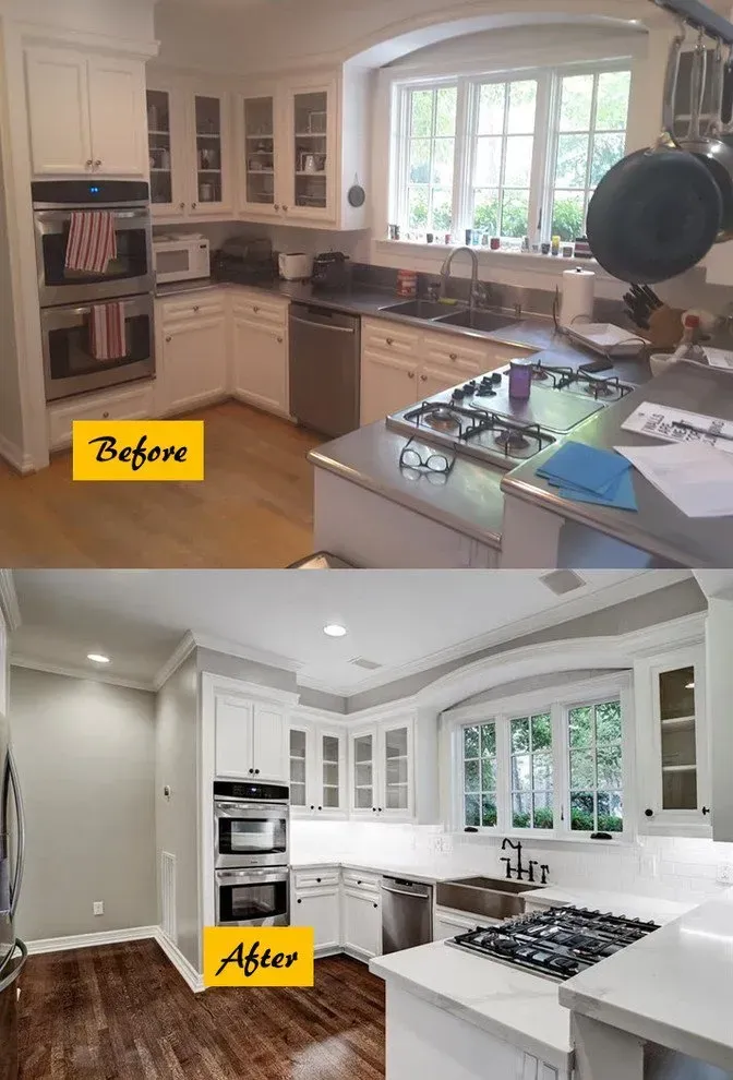 Kitchen remodel: Before and after. White cabinets, stainless steel appliances, new countertops, and hardwood floors.