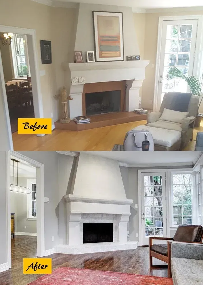 Before and after comparison of a living room with a fireplace and light-colored walls.