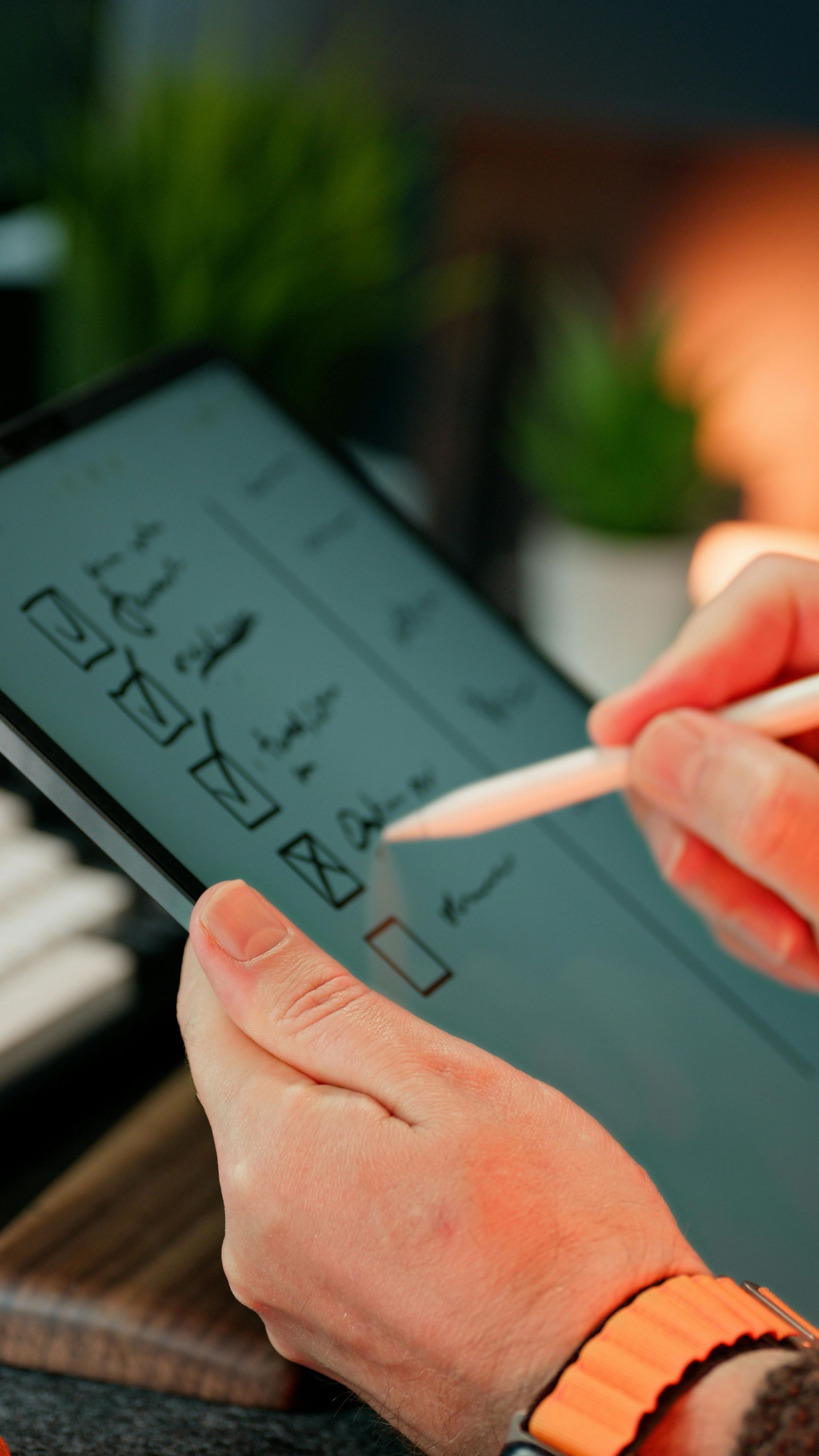 Hands using a stylus on a tablet with a checklist on screen.