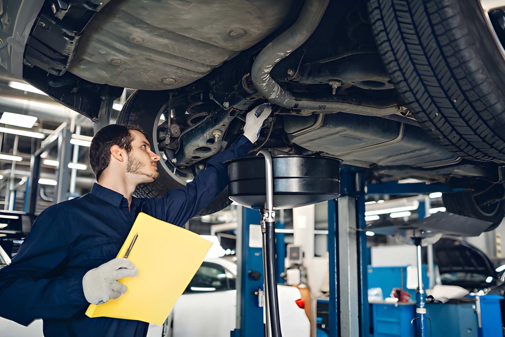 Mechanic Examining Underside of a Car Lifted on a Hoist, Holding a Yellow Clipboard — Mechanical Care in Belconnen, ACT