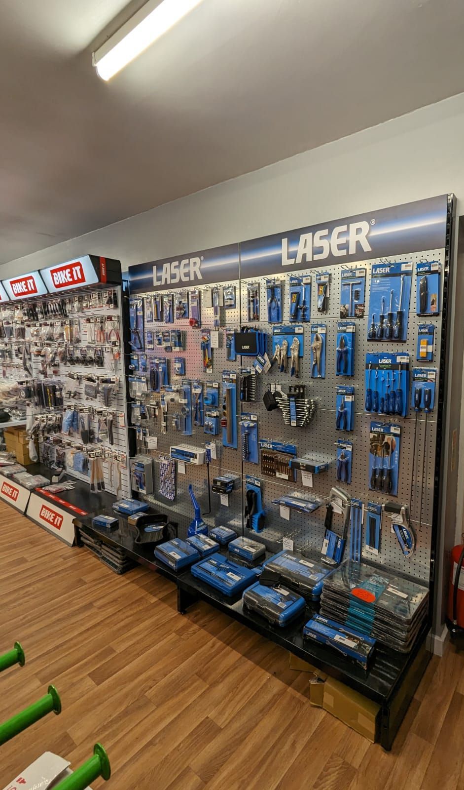 Laser tools display inside the PML Motorcycles shop