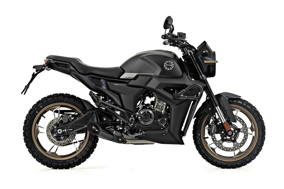 Black and gray Zontes motorcycle with a modern design, on a white background.