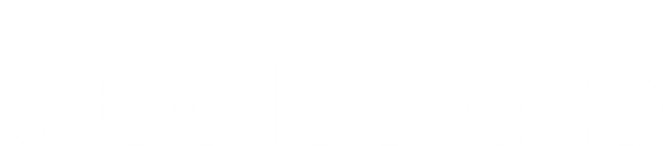 A white real estate logo on a black background