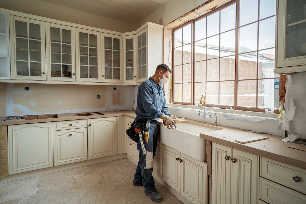 A man is standing in a kitchen working on a sink.