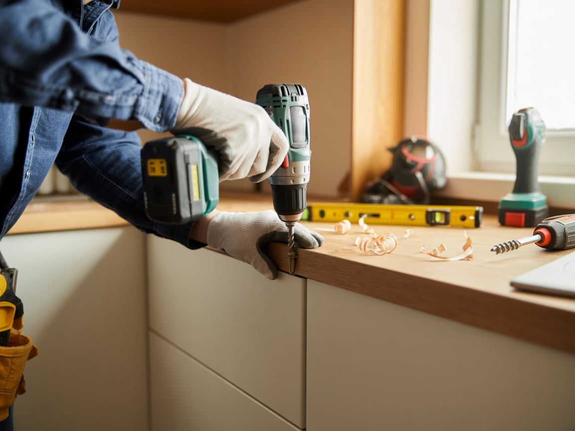 Person in blue work shirt drills into wood countertop above white cabinets.