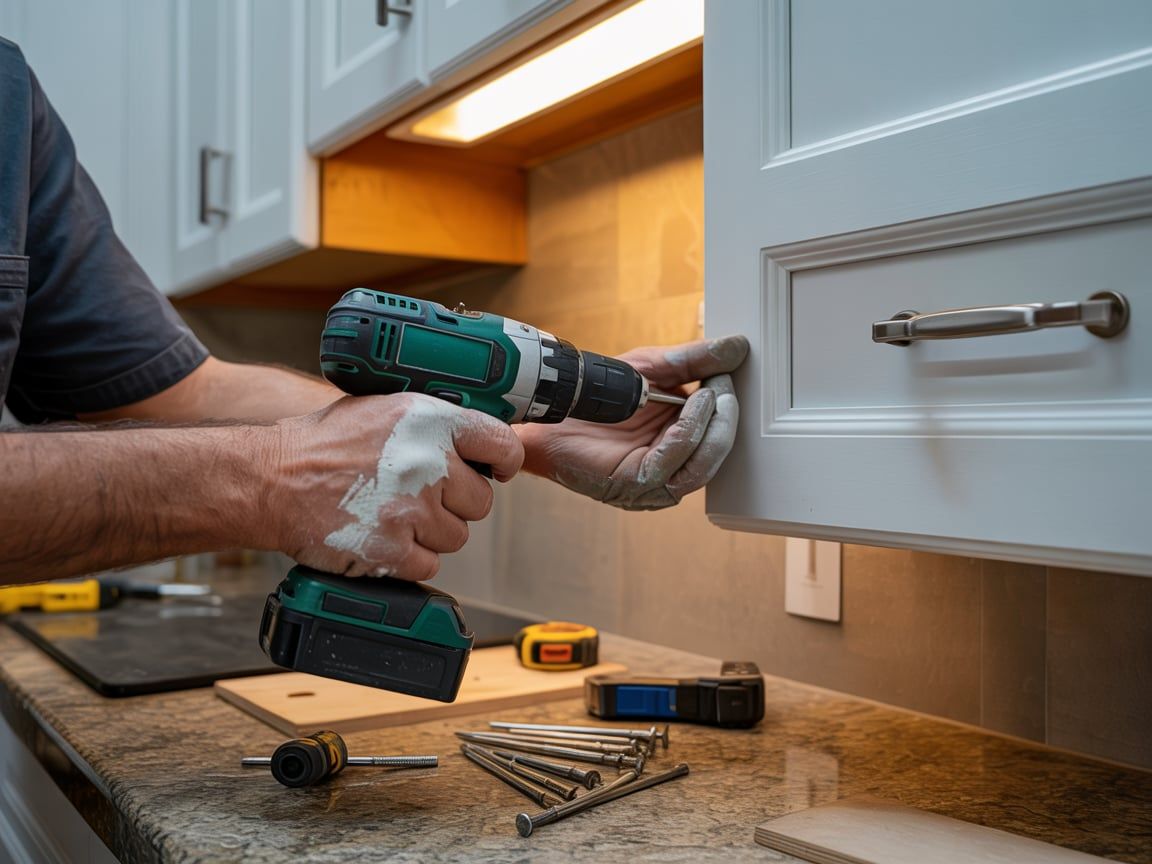 Person attaching a handle to a white cabinet door with a power drill.