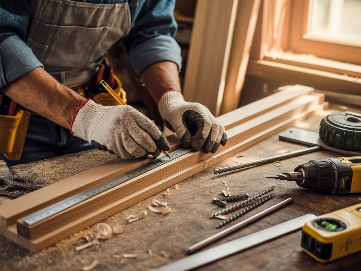 Carpenter in gloves using a ruler to mark a wooden piece on a cluttered workbench.
