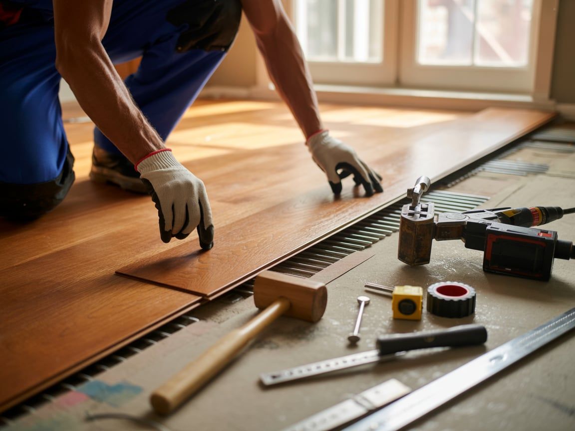 Person installing wooden floorboards, tools nearby.