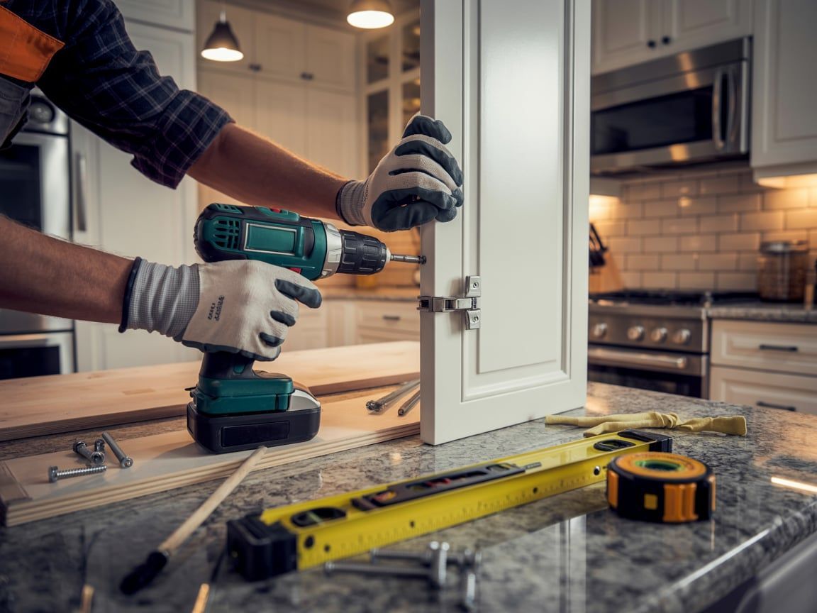 Person installing a white cabinet door using a power drill in a kitchen.