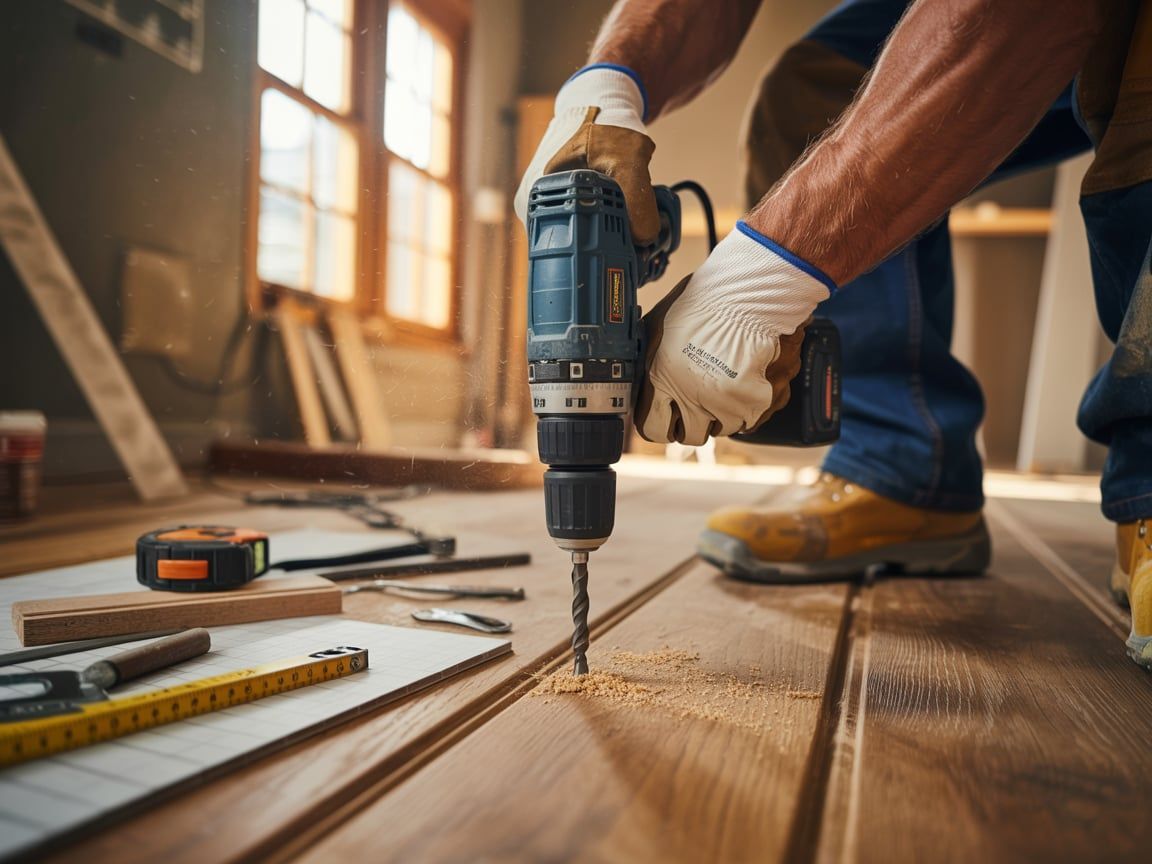 Person wearing gloves drilling into wooden floor, tools nearby in room with sunlight.