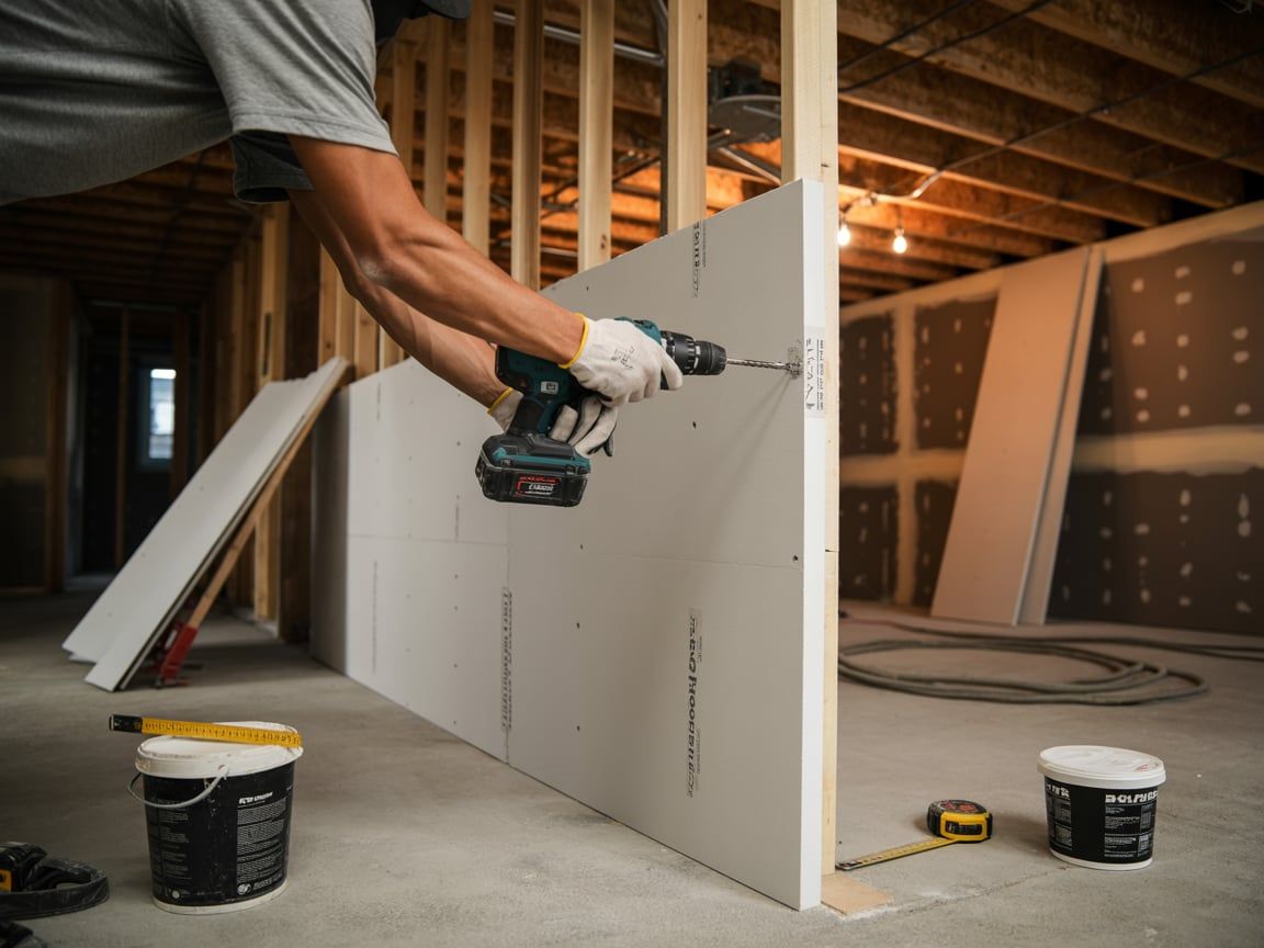 Man using a drill to install drywall on a wooden frame during a construction project.
