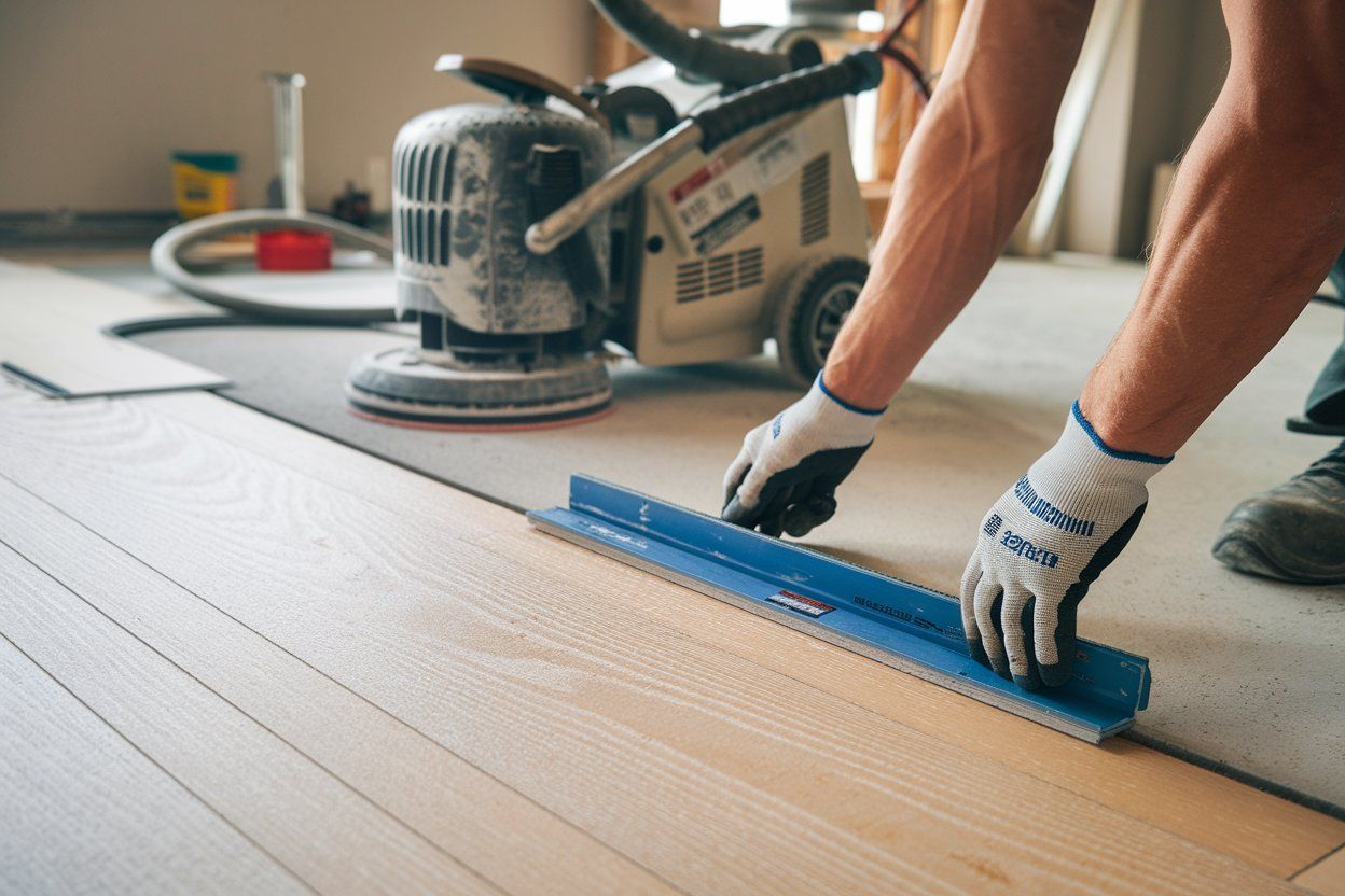 A person is sanding a wooden floor with a machine.