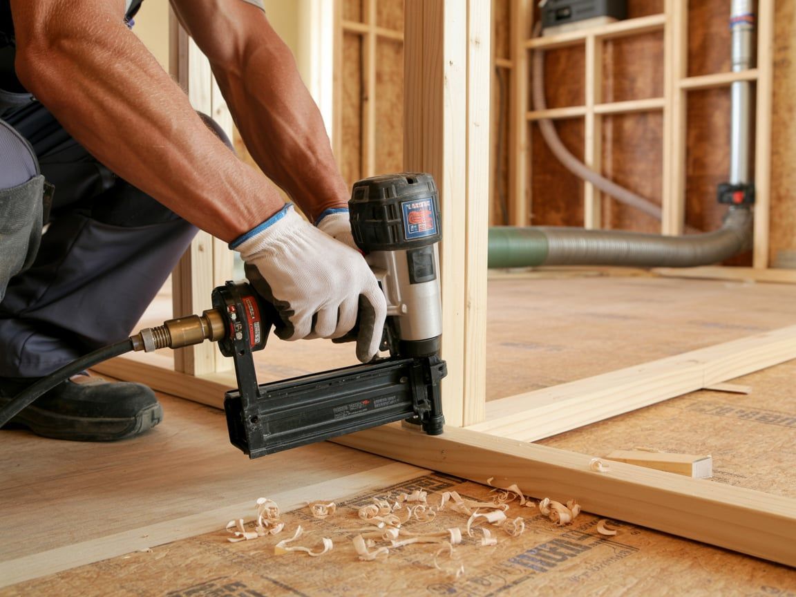 Construction worker using a nail gun on wood flooring in a partially constructed room.