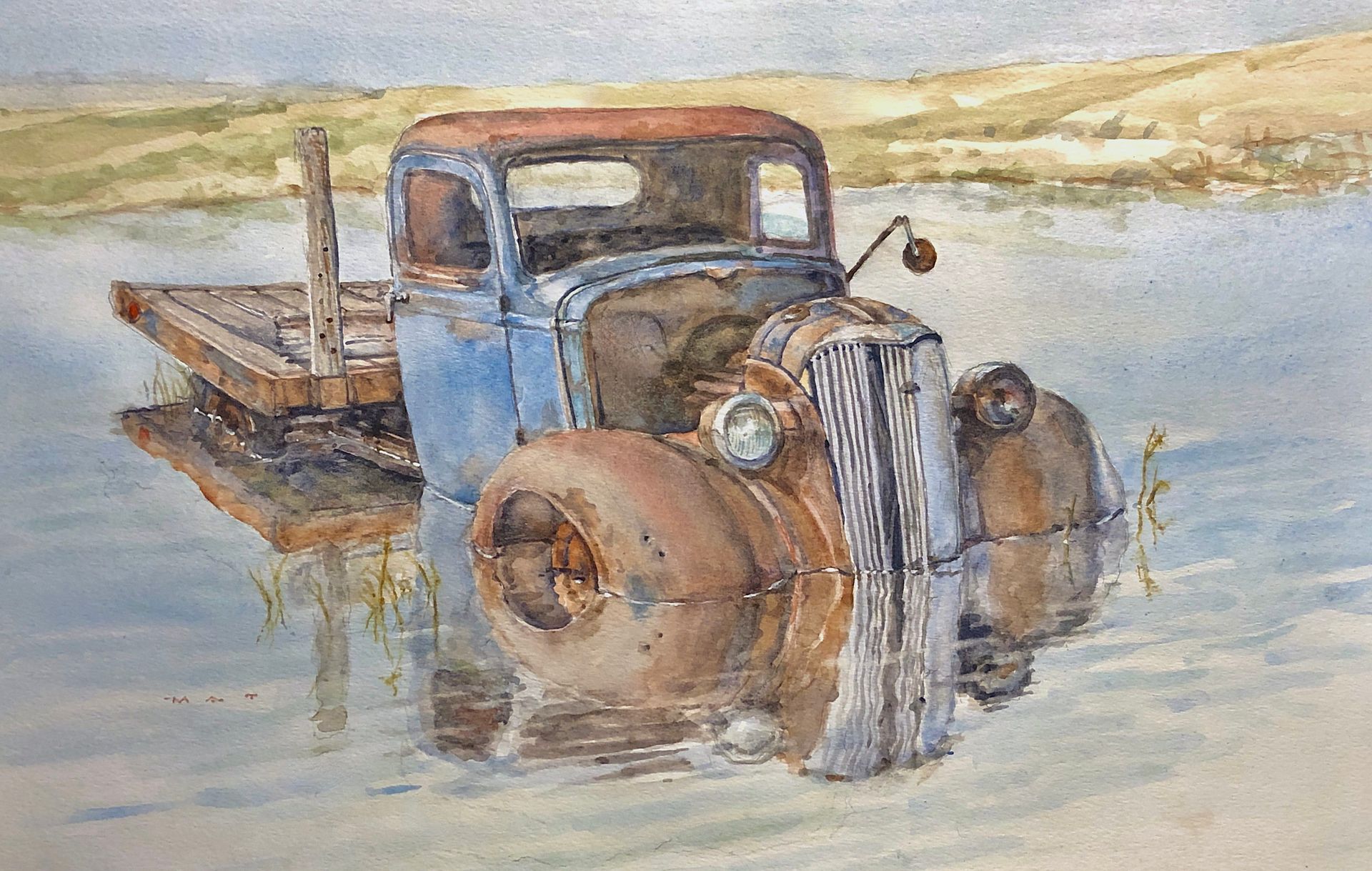 A painting of an old truck in the water.