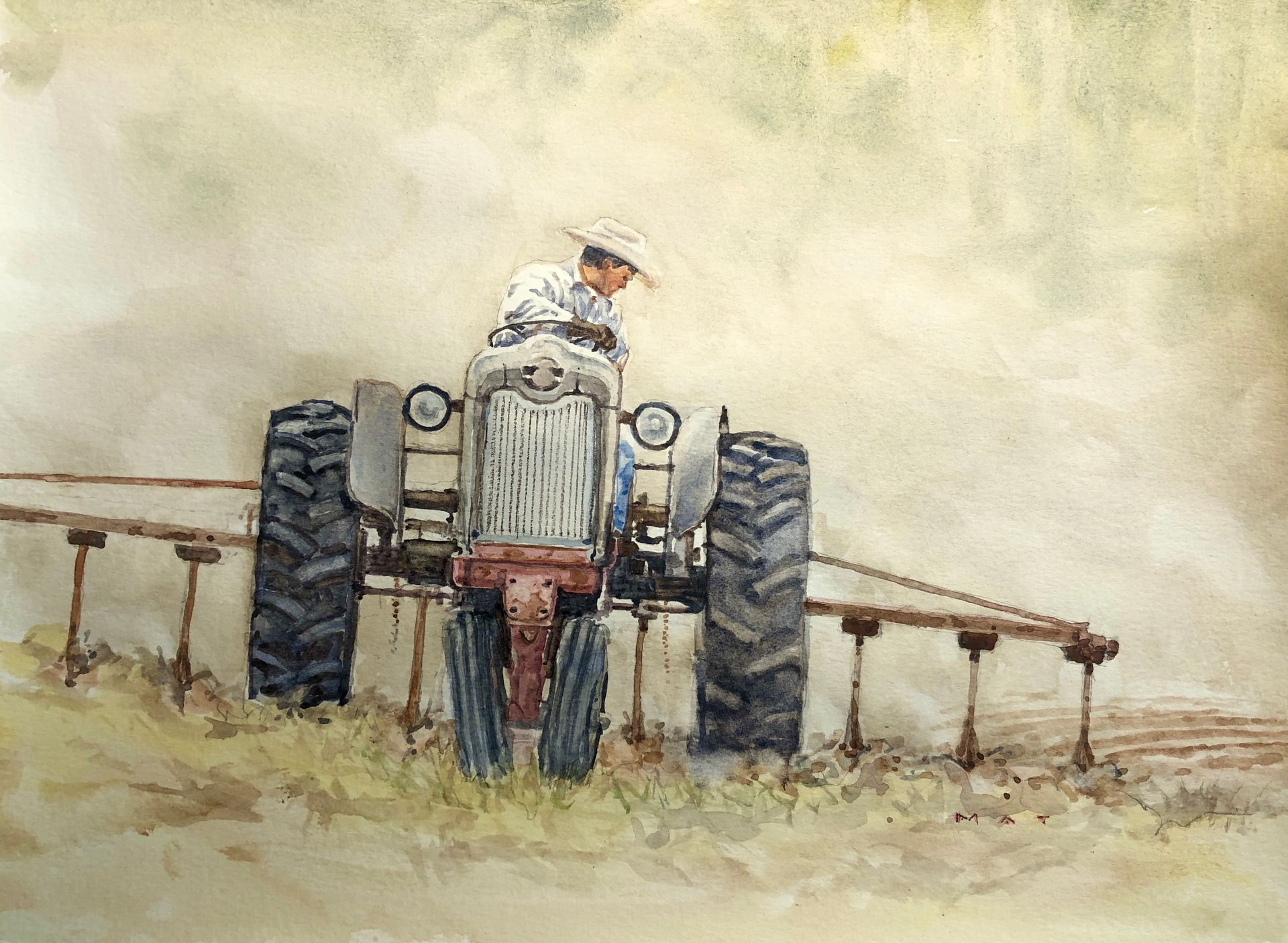 A painting of a man driving a tractor in a field