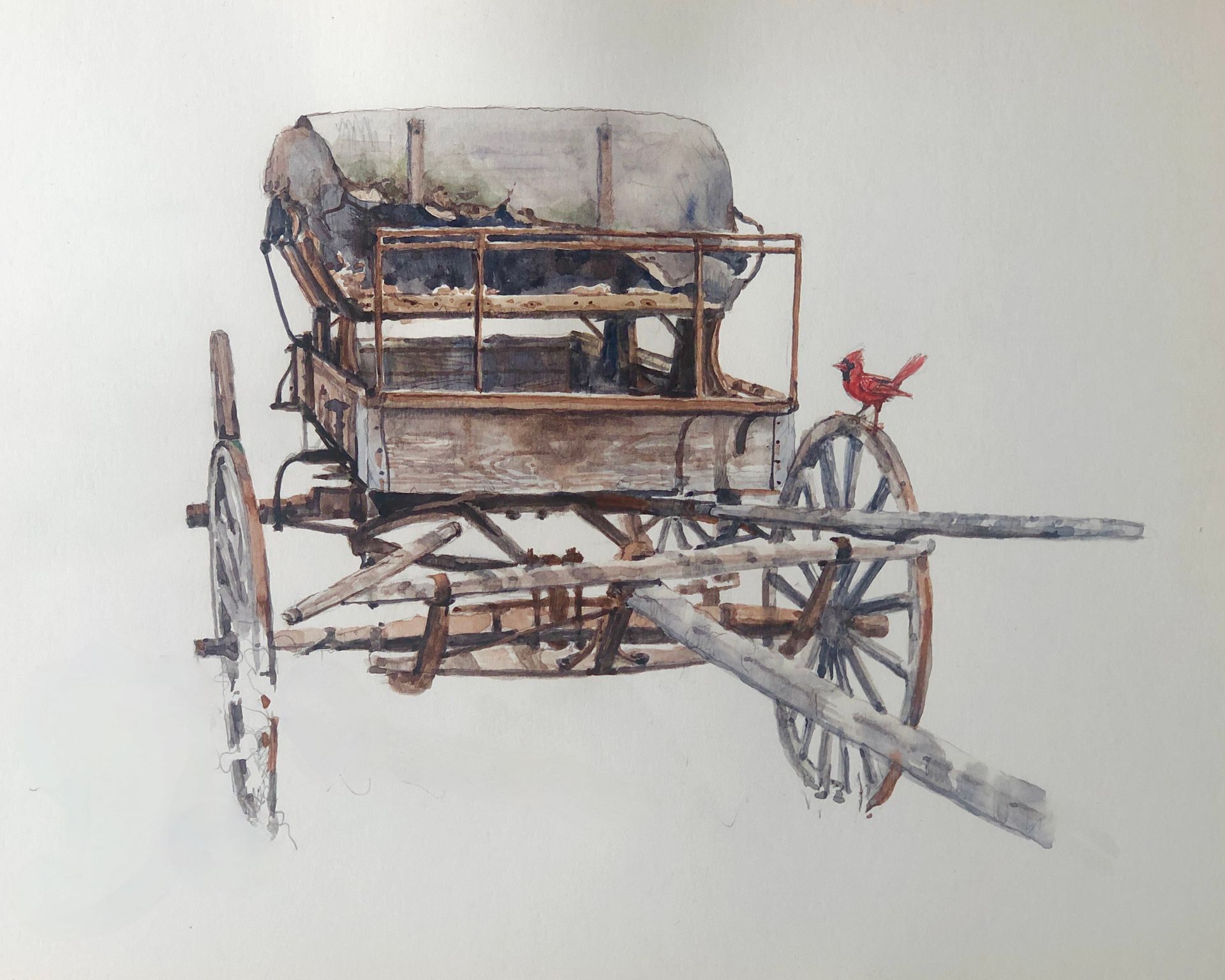 A painting of a horse drawn carriage with a red bird on it