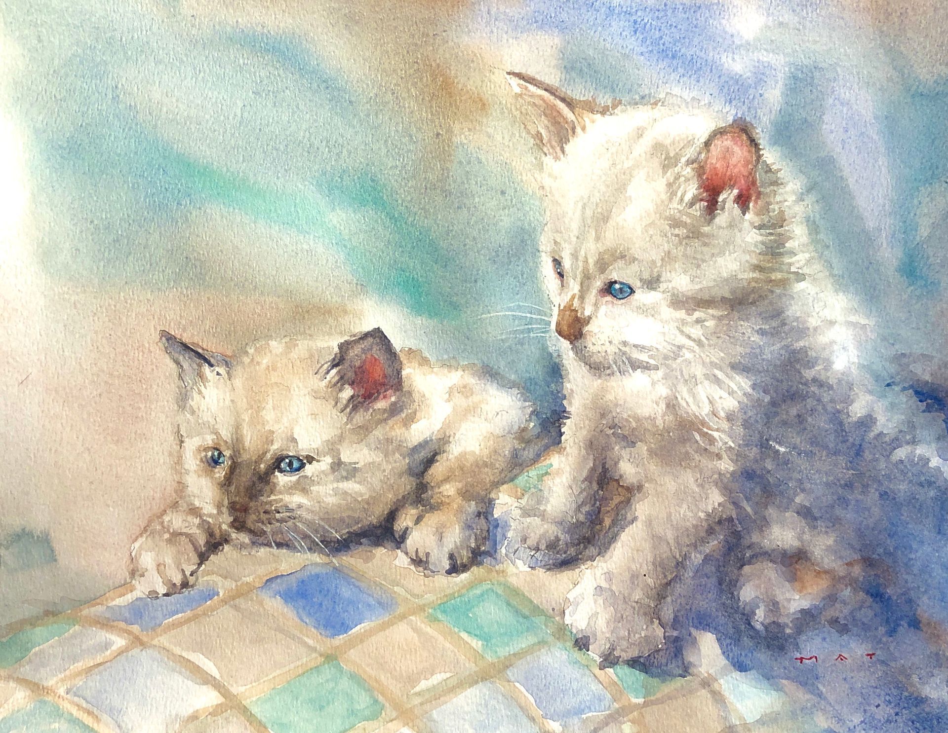 A watercolor painting of two kittens on a tiled floor