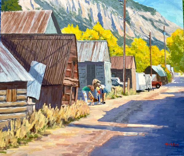 A painting of a small town with a mountain in the background