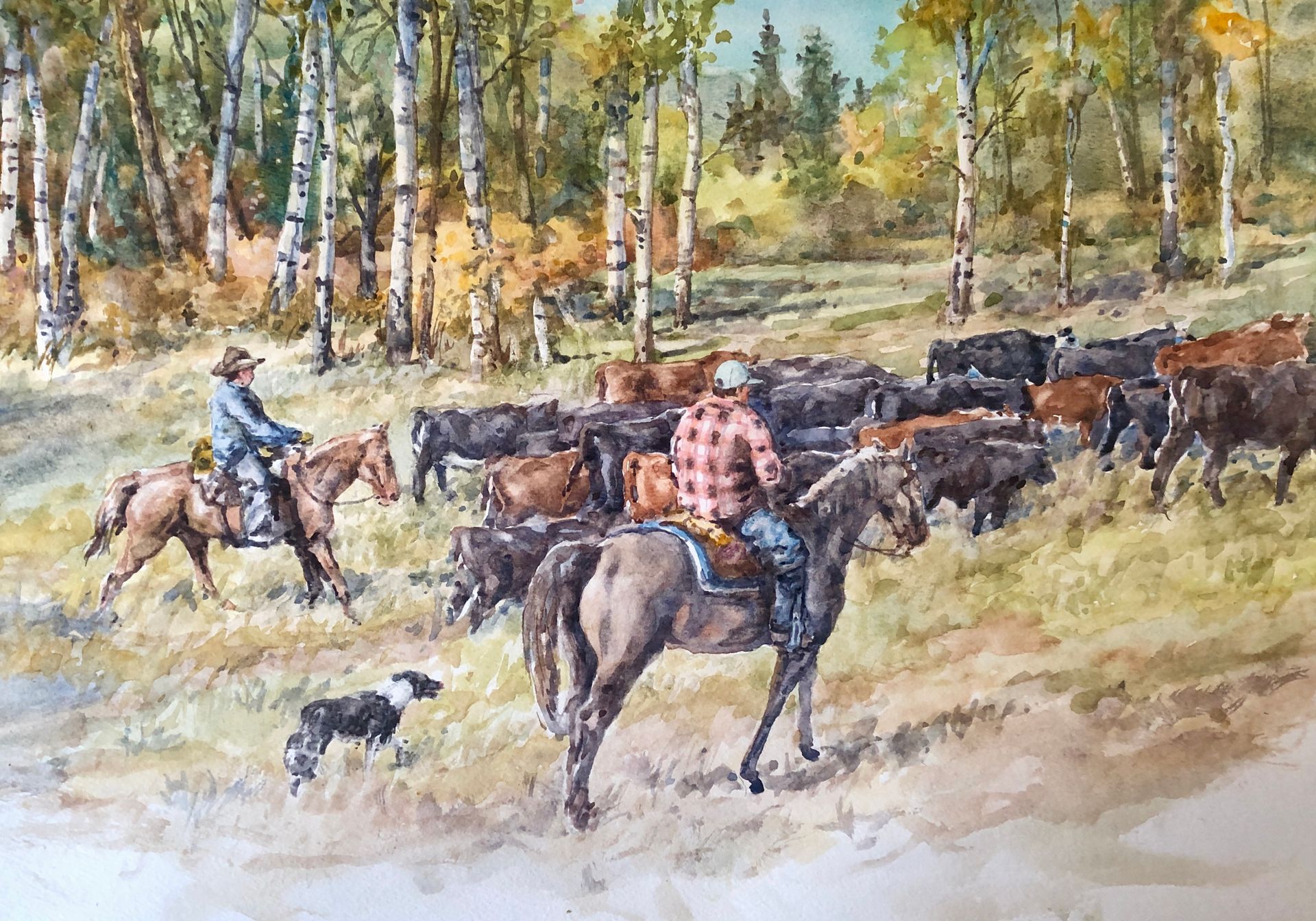 A painting of a man riding a horse leading a herd of cattle