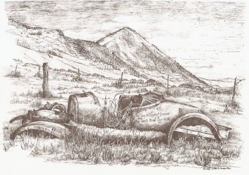 A drawing of an old car in a field with mountains in the background.