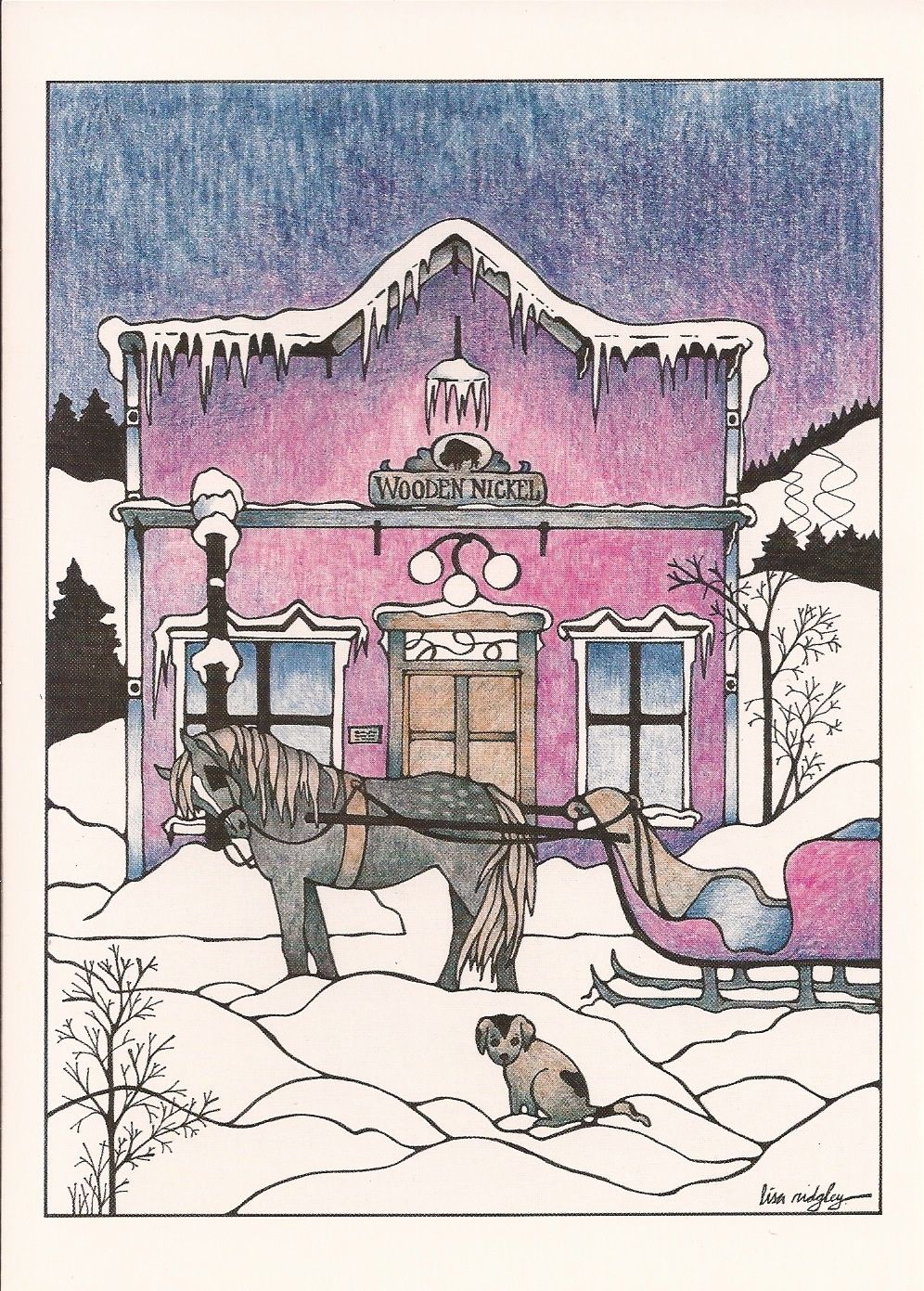 A horse pulling a sleigh in front of a pink building.