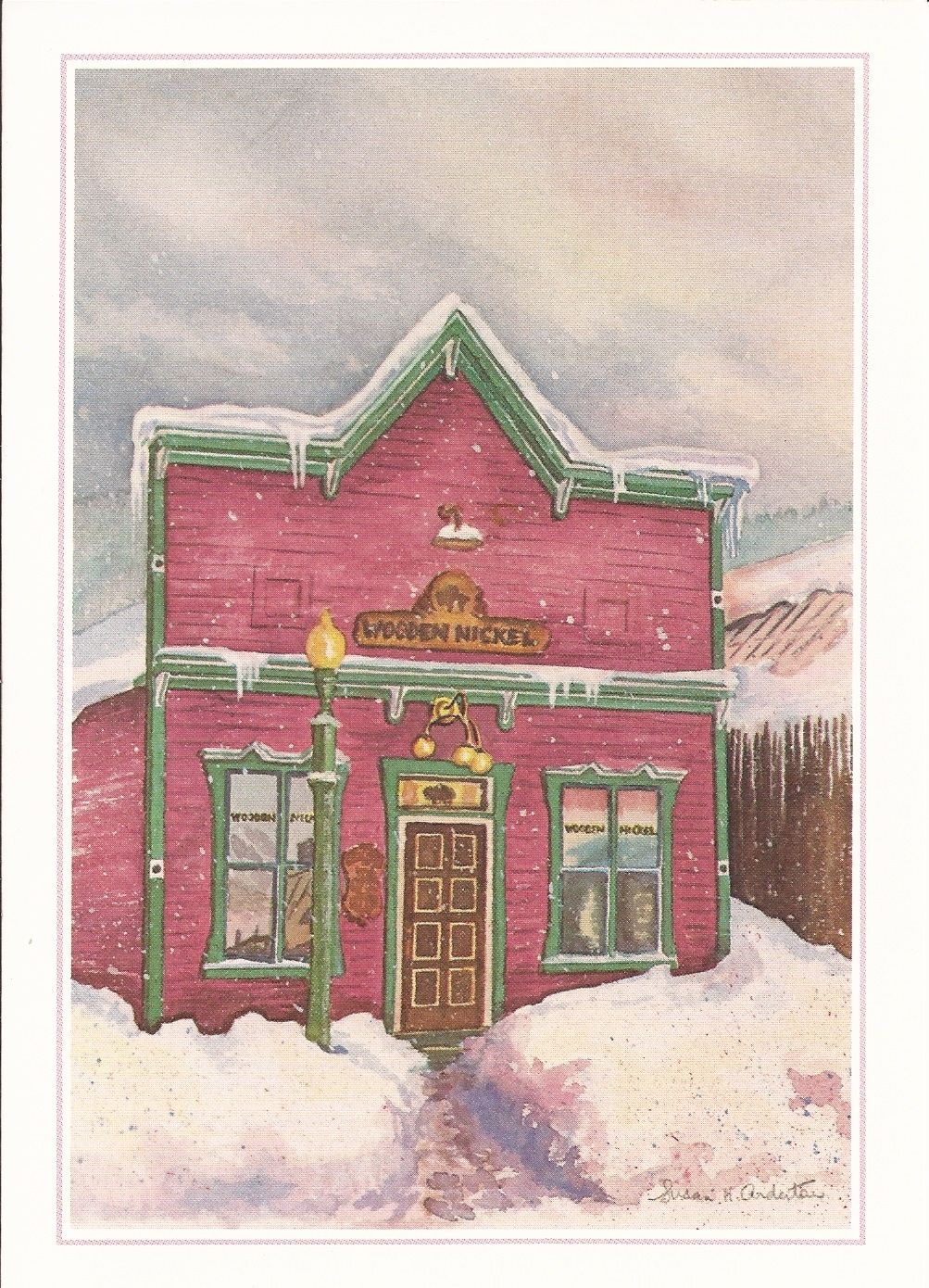 A painting of a red building in the snow