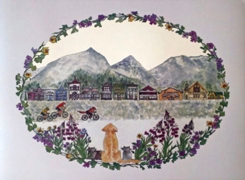 A painting of a row of houses with mountains in the background