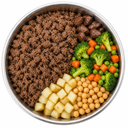 Dog bowl of ground beef with broccoli, diced potatoes, and chickpeas arranged in sections