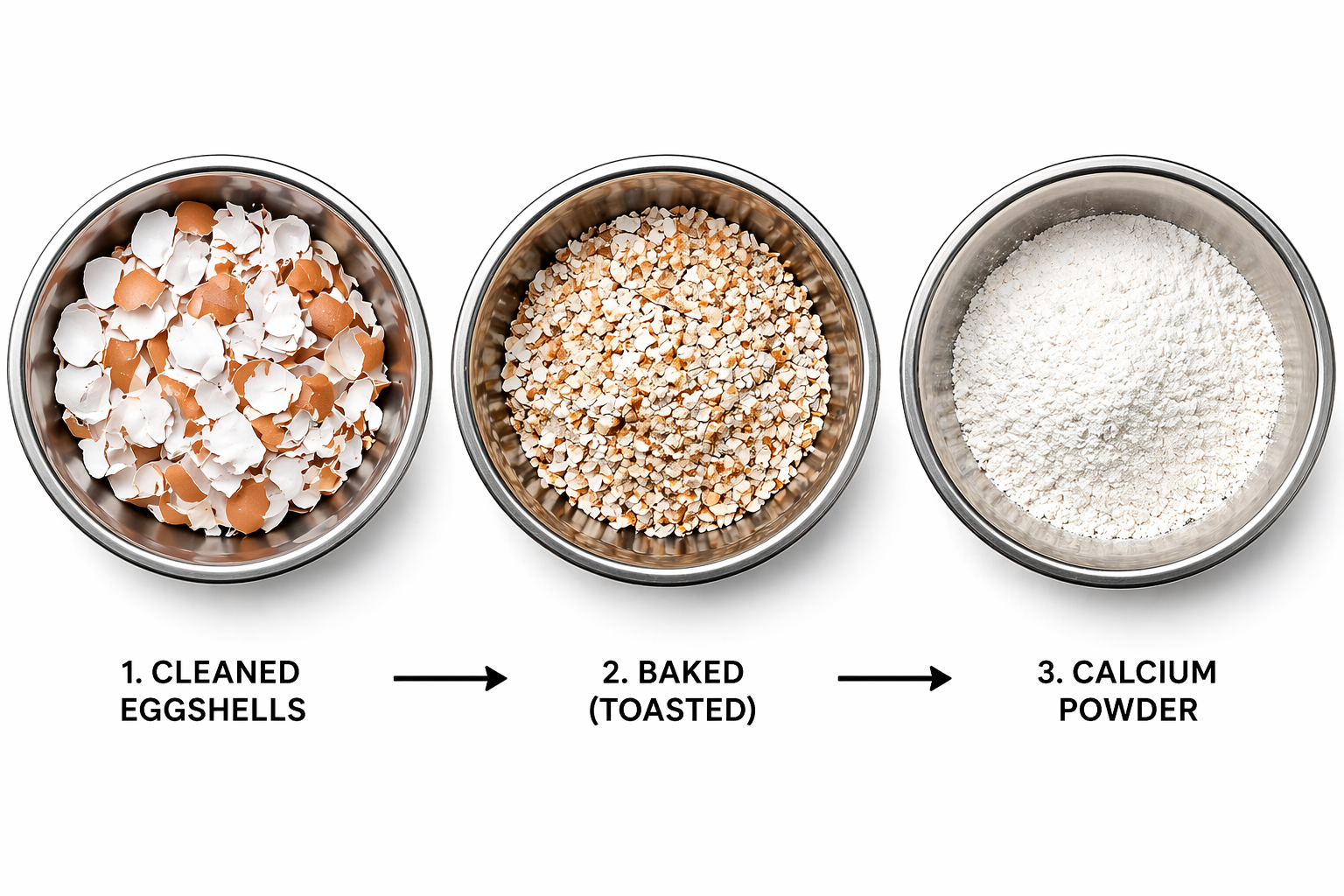 Three bowls showing crushed eggshells, toasted shells, and calcium powder transformation.