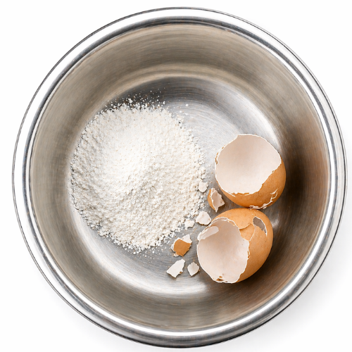 Metal dog bowl with eggshell calcium and cracked eggshells on a white background