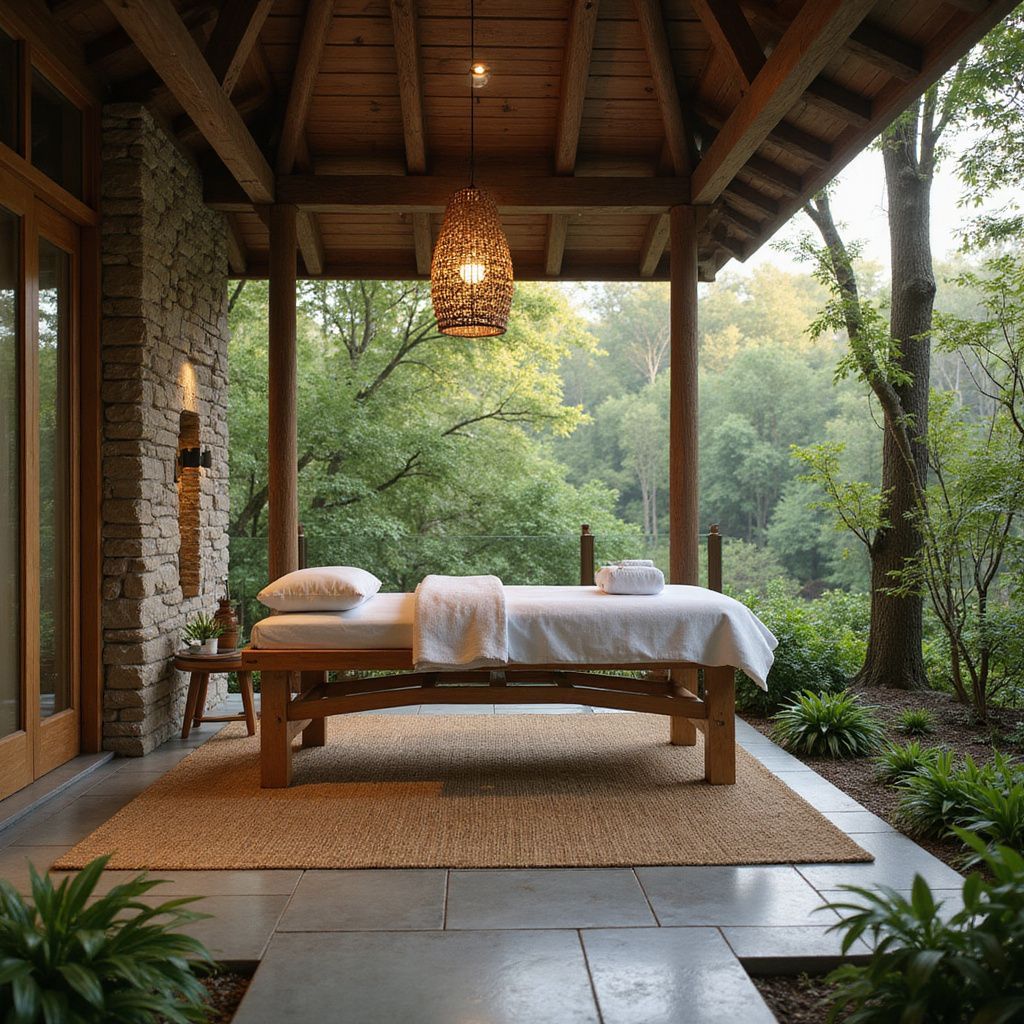 Spa al aire libre con mesa de masajes, bajo un dosel de madera, con vistas a un bosque verde.