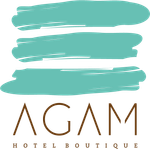 Logotipo de AGAM Hotel Boutique con tres pinceladas turquesas sobre el texto marrón
