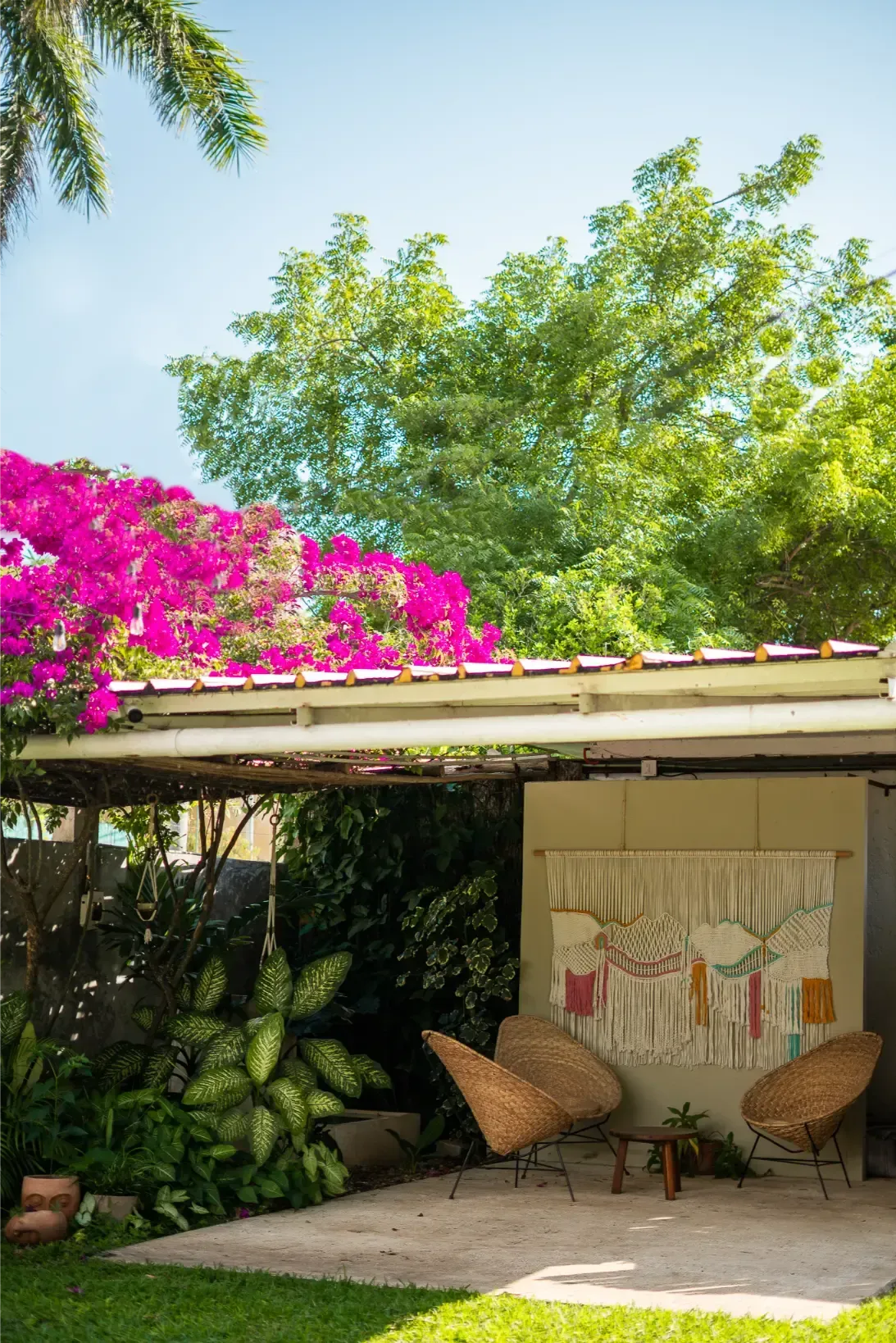Patio con sillas tejidas, arte de macramé y flores rosas vibrantes bajo un cielo azul.