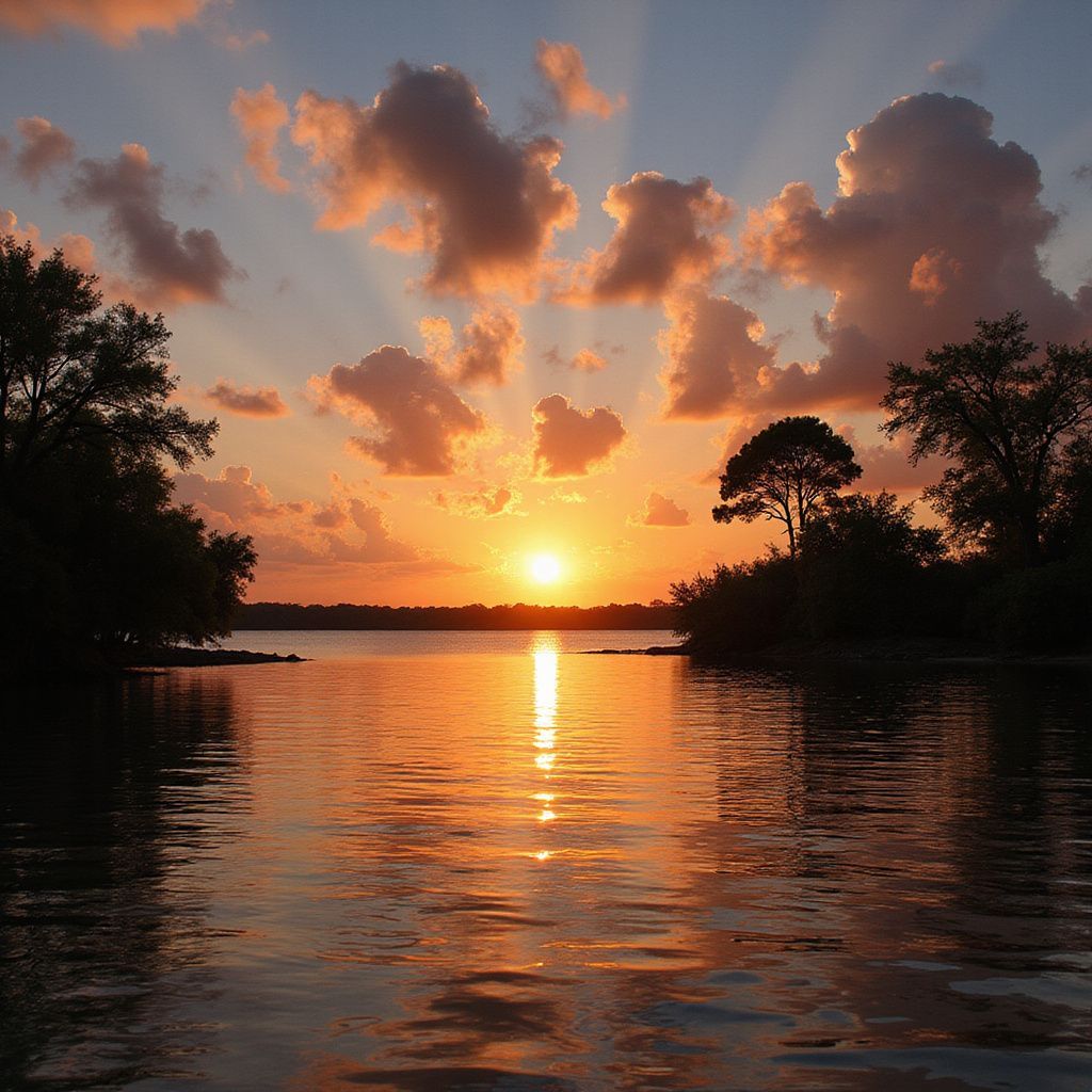 Atardecer sobre aguas tranquilas. Nubes recortadas contra el sol, árboles a lo largo de la orilla.