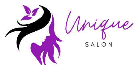 A purple and black logo for a salon with a woman 's face and hair.