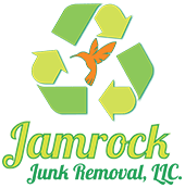 The logo for jamrock junk removal llc has a hummingbird in the middle of a recycling symbol.