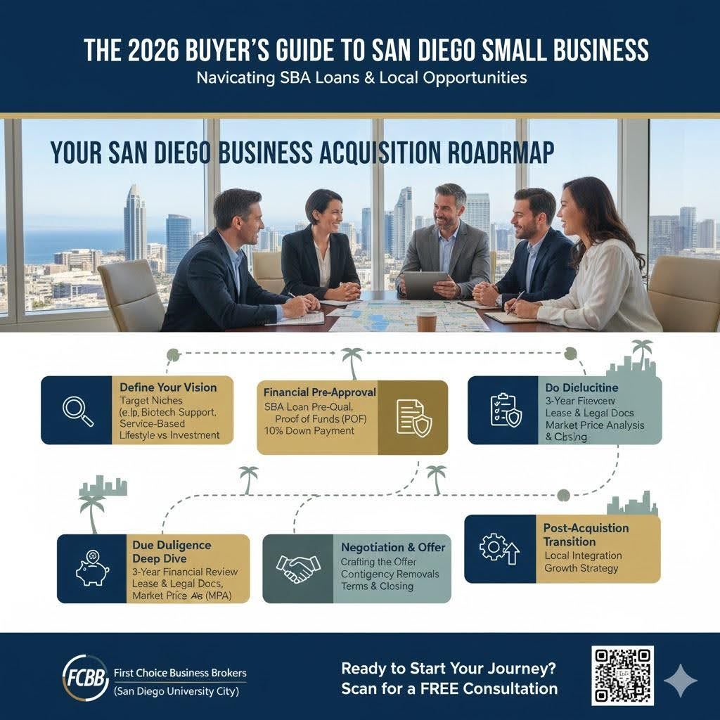 Guide: Buyer's guide with business acquisition roadmap. Meeting with diverse professionals, city backdrop, and icons.