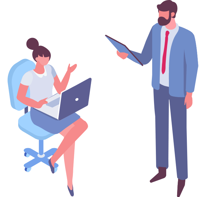Man and woman with laptop and tablet in business discussion
