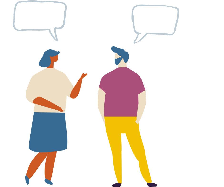 a man and a woman having a friendly conversation with speech bubbles above their heads