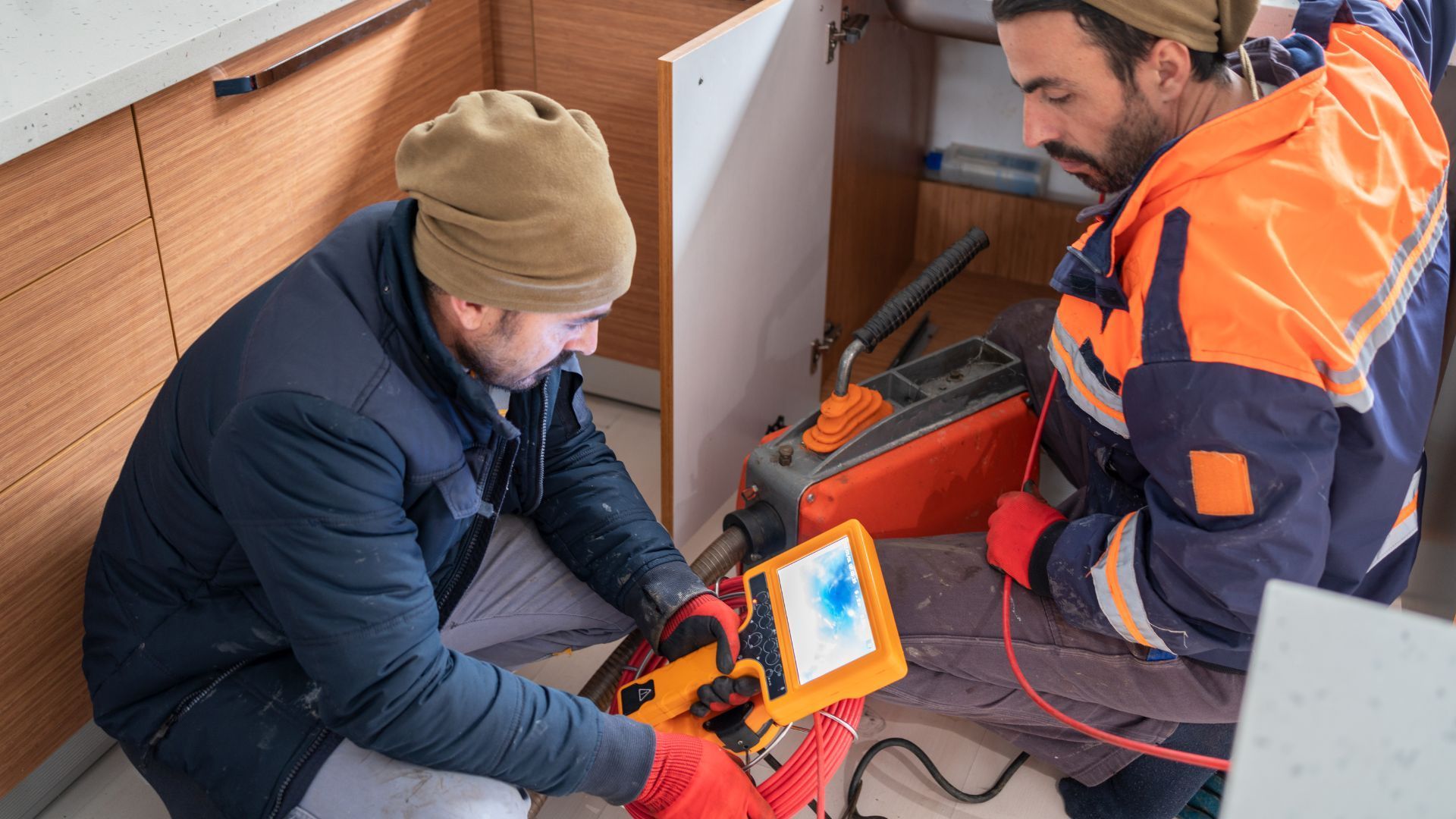 Two men are working on a drain in a kitchen.