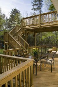 A wooden deck with a table and chairs on it