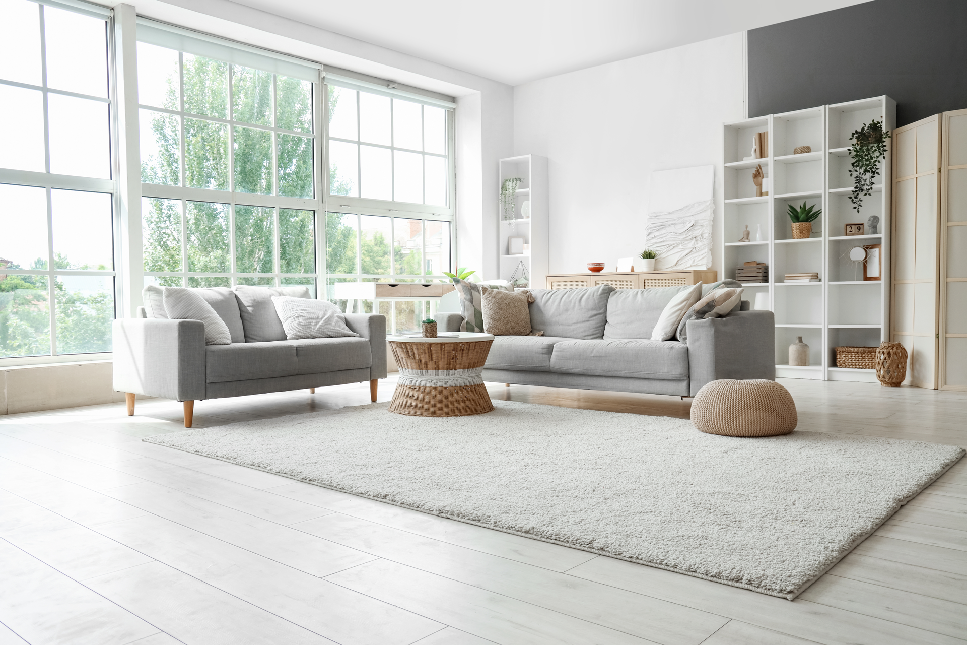 Bright living room with gray sofas, large windows, white shelves, and a shaggy white rug.