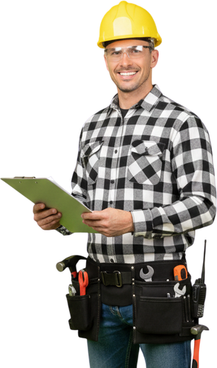 Construction worker wearing hard hat and tool belt holding clipboard, smiling.
