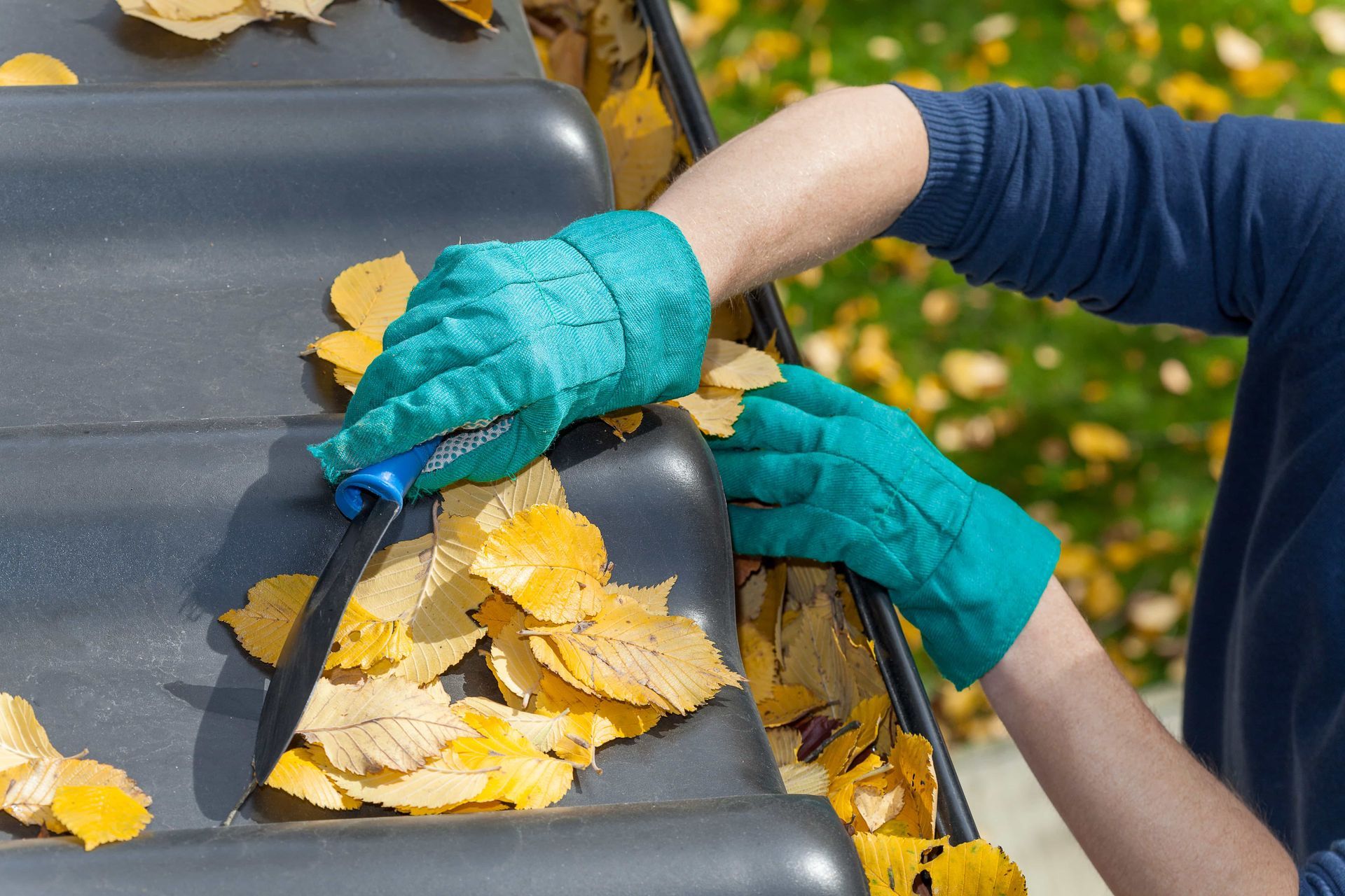 Person wearing green gloves cleaning leaves from a black gutter with a scraper.