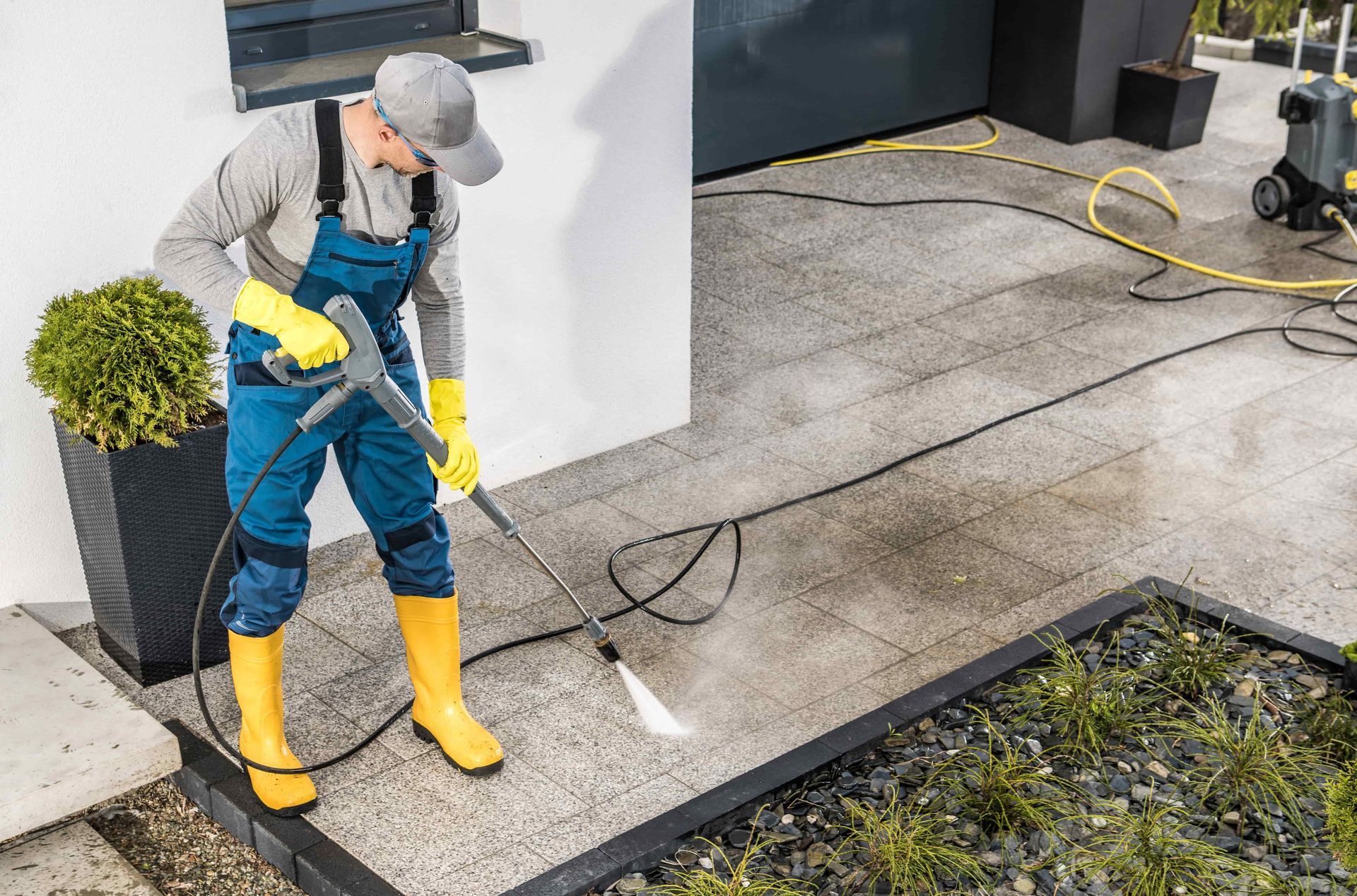 Man pressure washing a gray patio, wearing overalls, boots, and gloves.