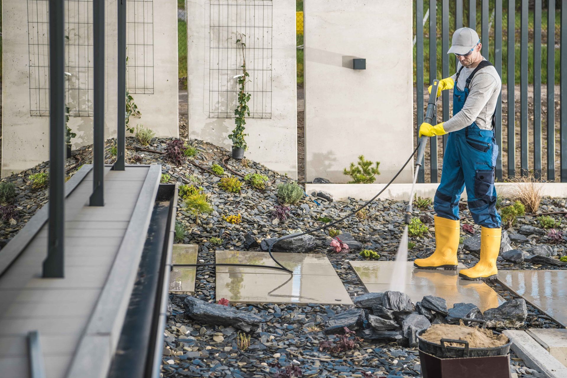 Man power washing a stone patio, wearing overalls, rubber boots, and gloves outdoors.