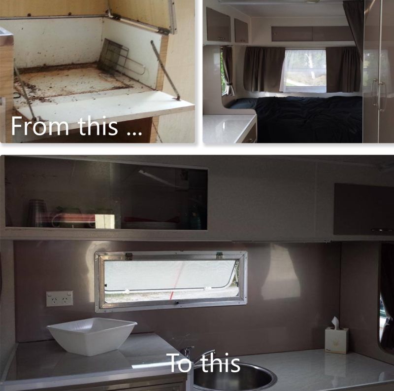 before and after image of  interior caravan